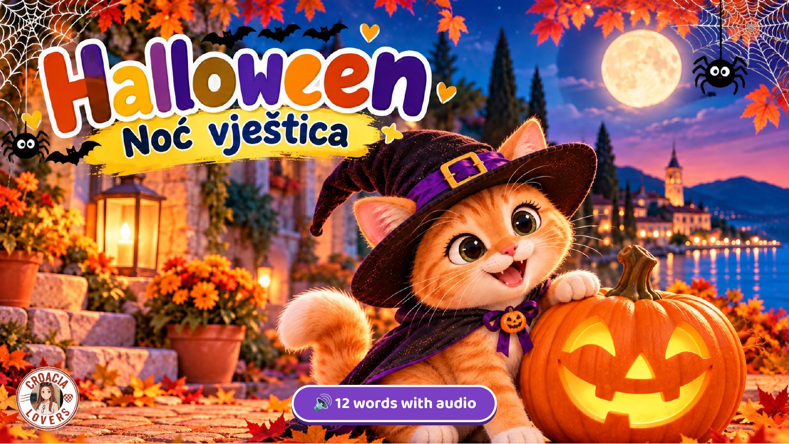 Cover of Croatian for Kids with Rubia: Halloween, showing Rubia the kitten dressed as a witch next to a pumpkin